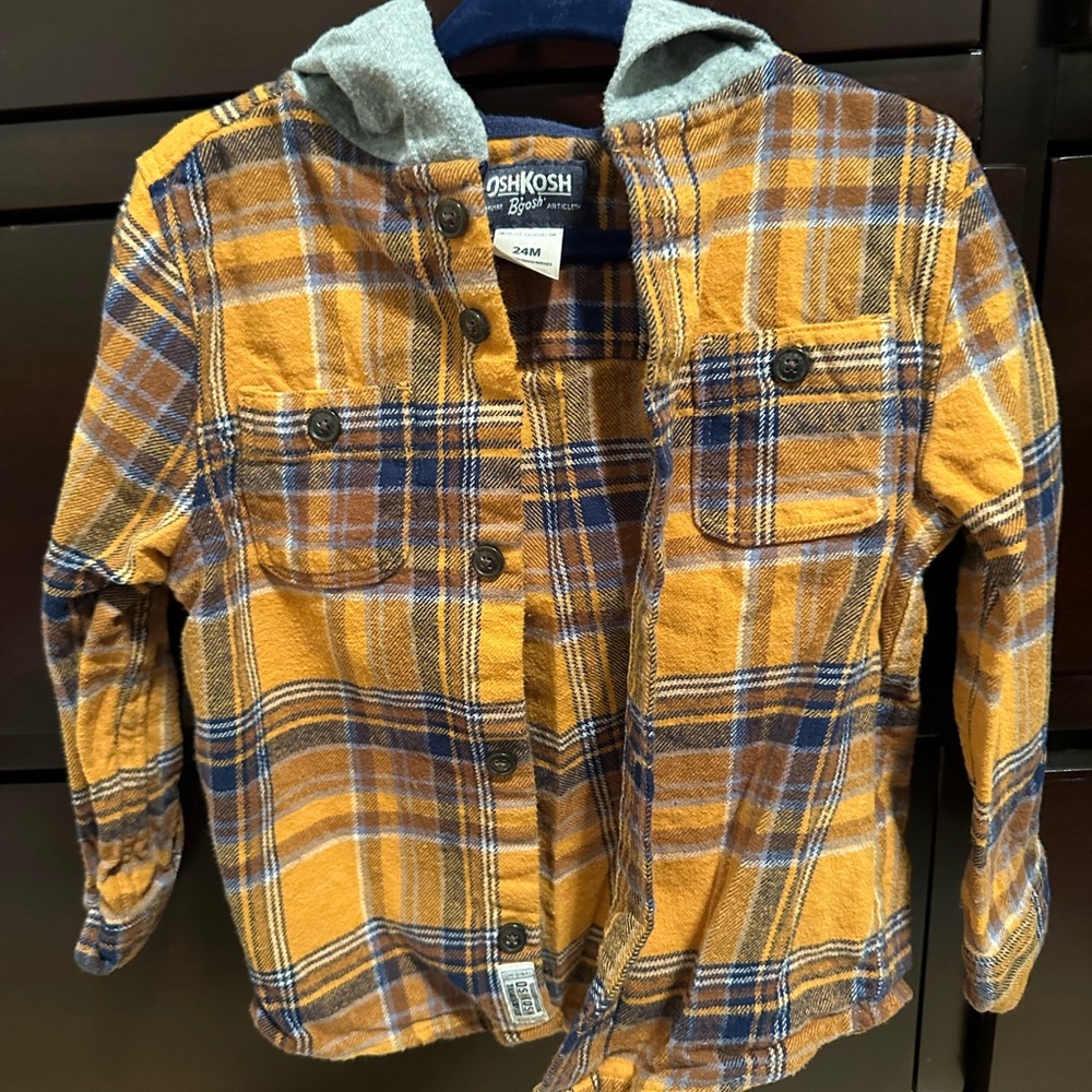 OshKosh‎ Flannel Plaid Button Hooded Shirt Toddler